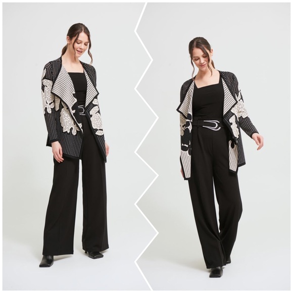 🎉HP🎉NWT🌸Gorgeous Shimmer Black and Cream Patter Long Knit Jacket - Picture 3 of 16